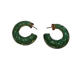 Vintage AVON Faux Carved Jade Earrings Peirced Hoop Round Green Lightweight 1”